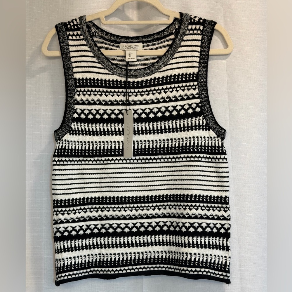 Rachel Zoe Knit Tank Black White Patterned Sleeveless Top Size Large NWT